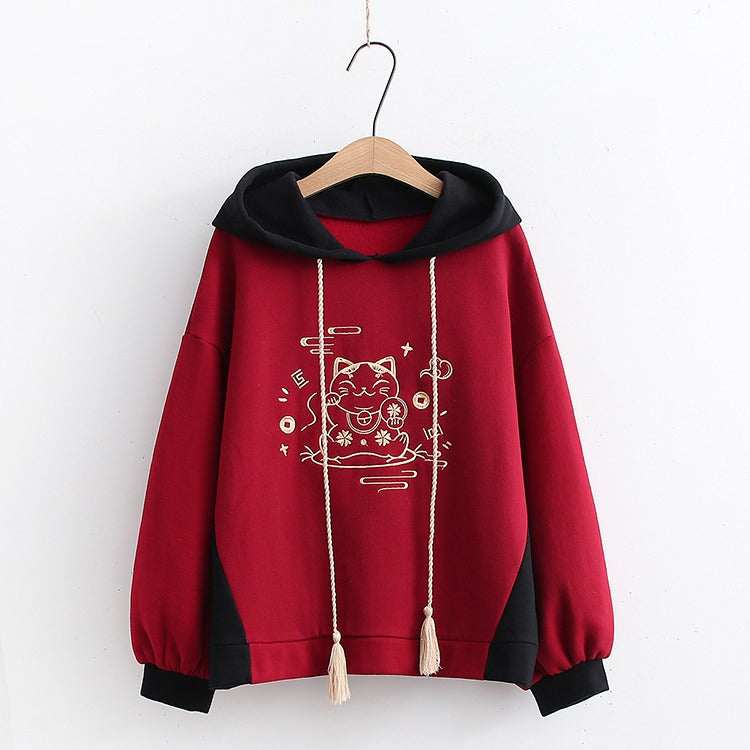 Harajuku Lucky Cat Drawstring Hoodie Skirt Two Piece Set