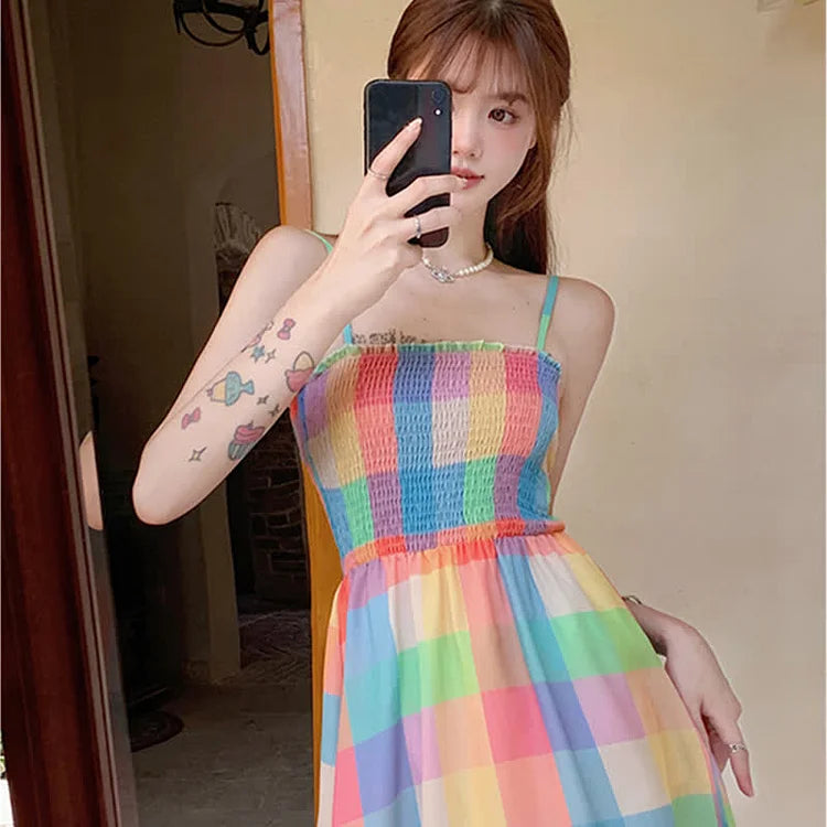 Rainbow Elegance: Chic Plaid Print Long Slip Dress