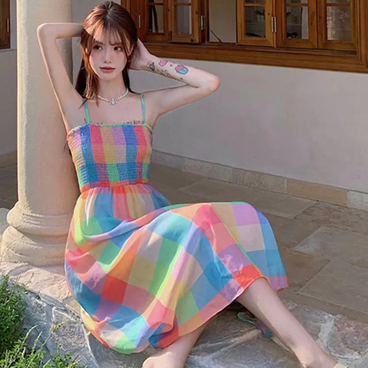 Rainbow Elegance: Chic Plaid Print Long Slip Dress