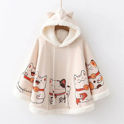 Kawaii Cloak Lucky Cat Hoodie: Embrace the Cute Harajuku Style