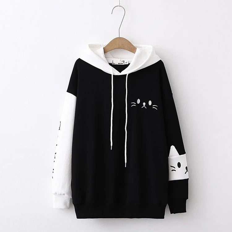 Adorable Kitty Magic: Harajuku Cartoon Face Letter Print Hoodie - Snuggle Up to Cute Comfort! 😺🌟