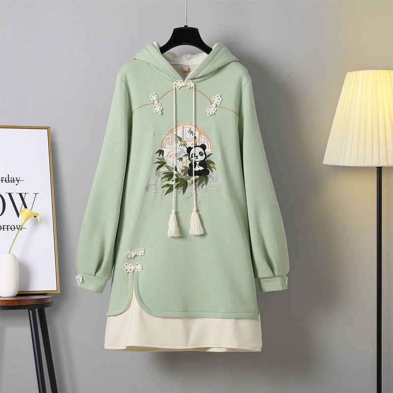 Vintage Panda Nature Embroidery Hoodie Sweatshirt Dress