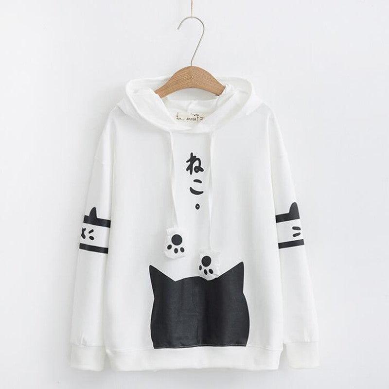 Purr-fectly Adorable: Harajuku Cat Ear Paw Drawstring Letter Hoodie - Embrace Your Inner Cuteness! 🐾💕