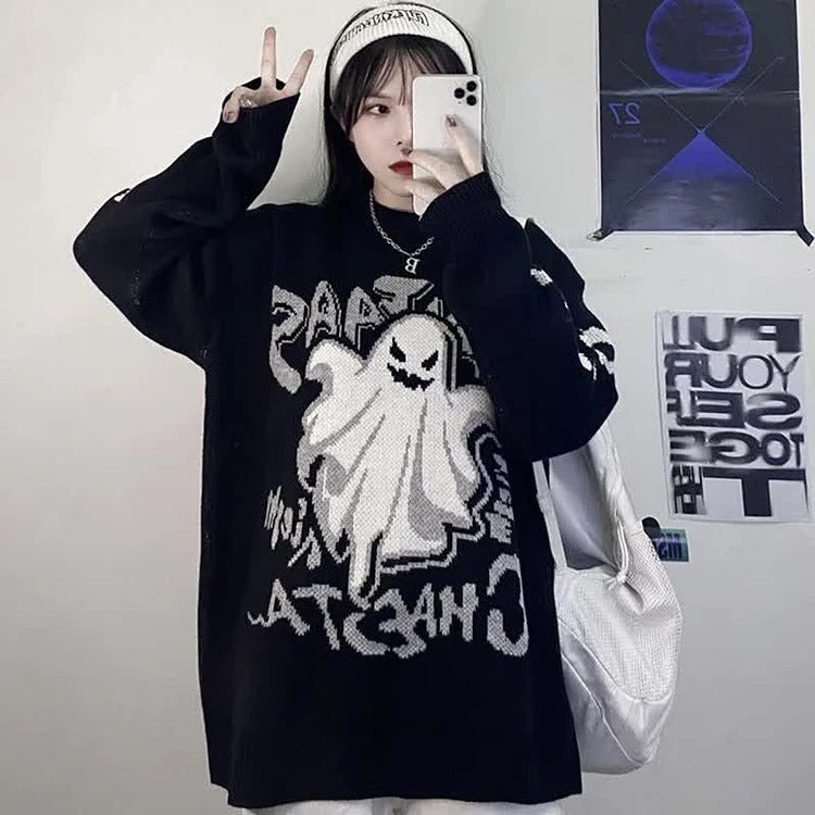 Retro Ghost Letter Print Casual Sweater - Long Sleeve