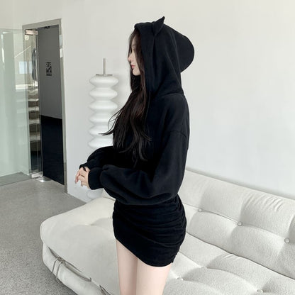 Cute Kitty Cat Ears Drawstring Sweatshirt Hooded Dress