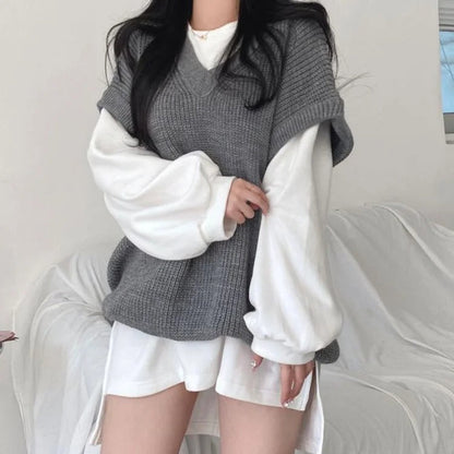 Versatile Two-Piece Sweater Set - Round Collar and V-Neck