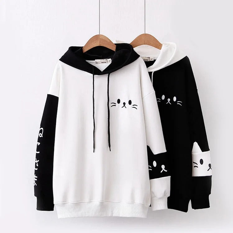 Adorable Kitty Magic: Harajuku Cartoon Face Letter Print Hoodie - Snuggle Up to Cute Comfort! 😺🌟