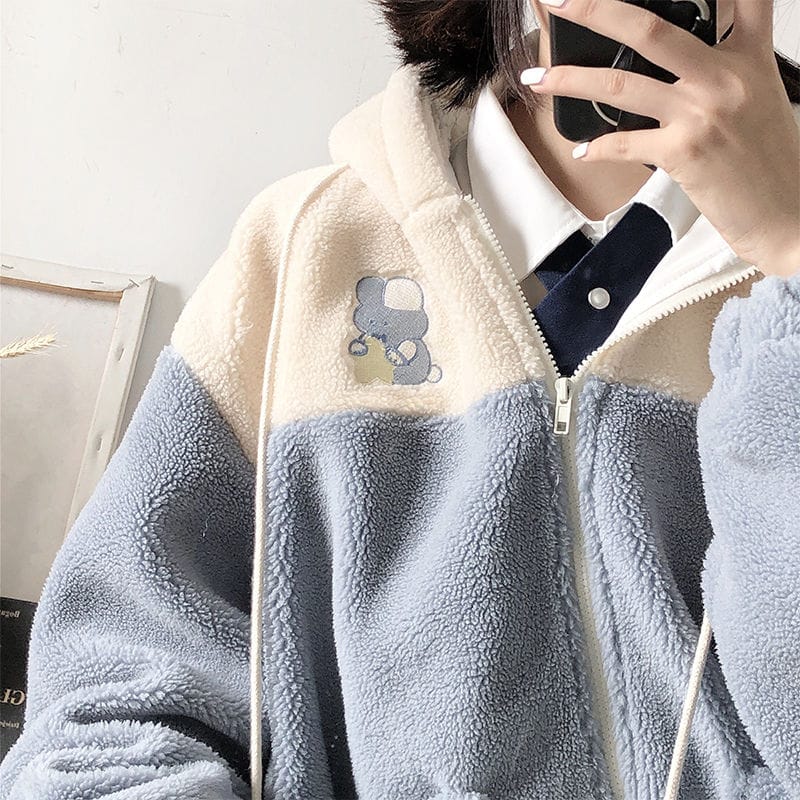 Kawaii Bunny Embroidery Hoodie Fleece