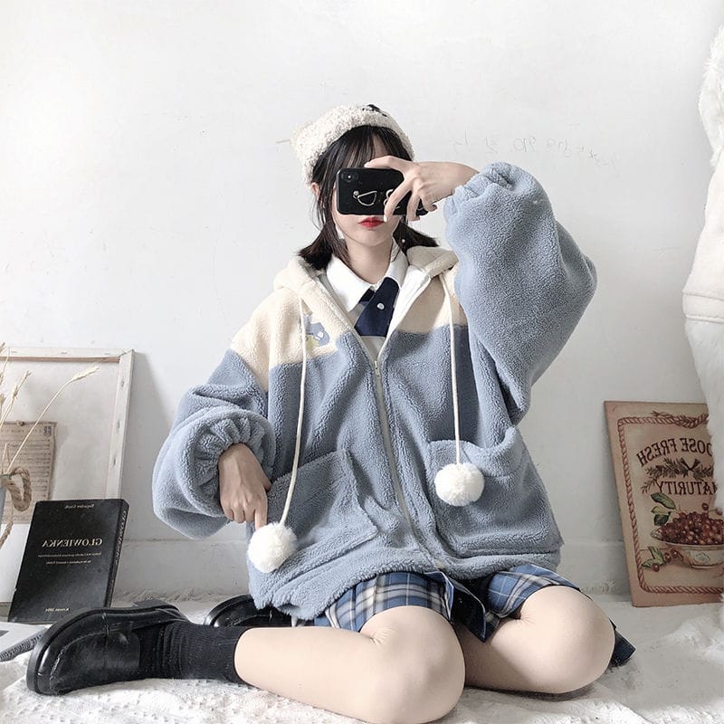 Kawaii Bunny Embroidery Hoodie Fleece