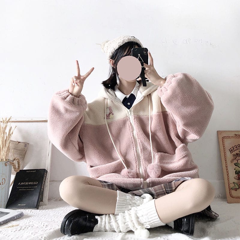 Kawaii Bunny Embroidery Hoodie Fleece