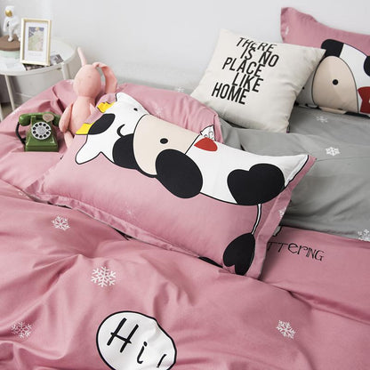 Cheerful 'Hi' Cow Pink & Grey Bedding Set