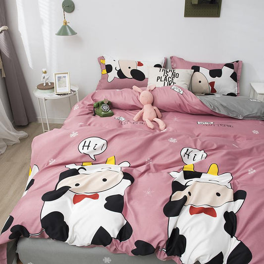 Cheerful 'Hi' Cow Pink & Grey Bedding Set