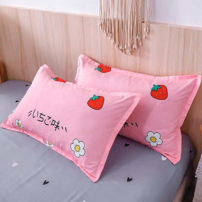 Kawaii Pink & Grey Strawberry Pattern Bedding Set