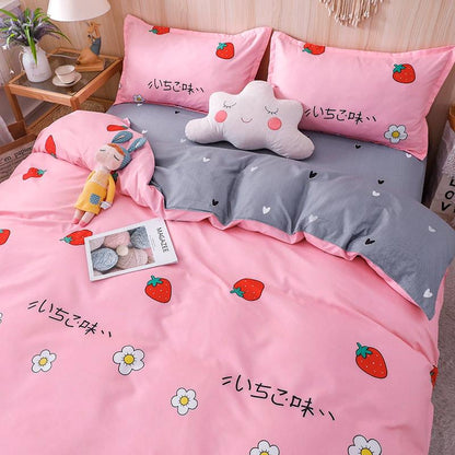 Kawaii Pink & Grey Strawberry Pattern Bedding Set