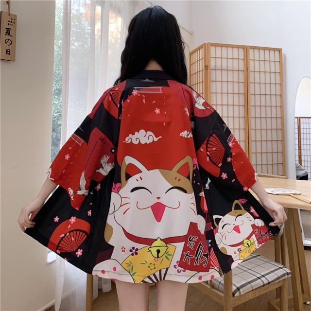 Japanese Lucky Cat Lightweight Kimono Top