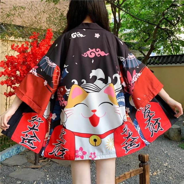 Japanese Lucky Cat Lightweight Kimono Top