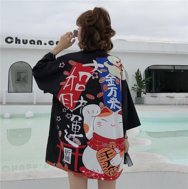 Japanese Lucky Cat Lightweight Kimono Top