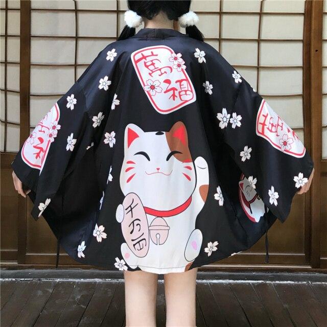 Japanese Lucky Cat Lightweight Kimono Top