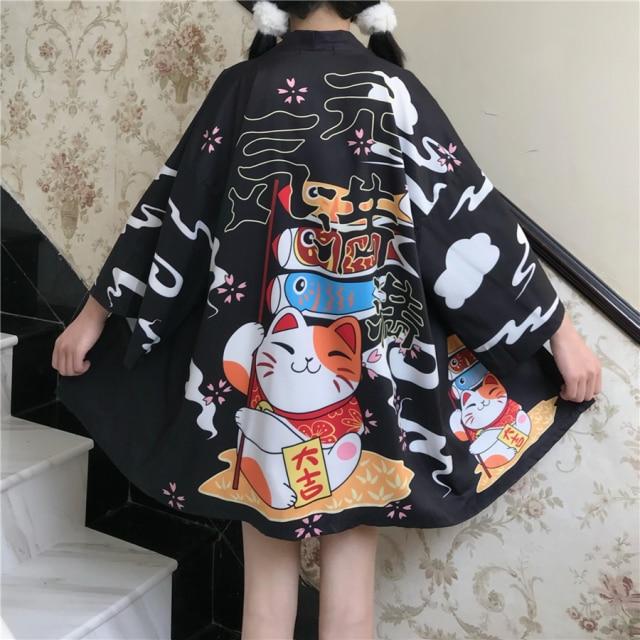 Japanese Lucky Cat Lightweight Kimono Top