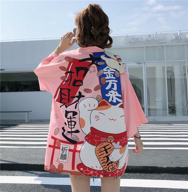 Japanese Lucky Cat Lightweight Kimono Top