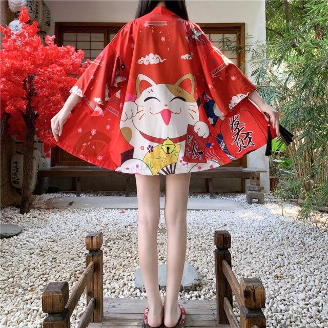 Japanese Lucky Cat Lightweight Kimono Top