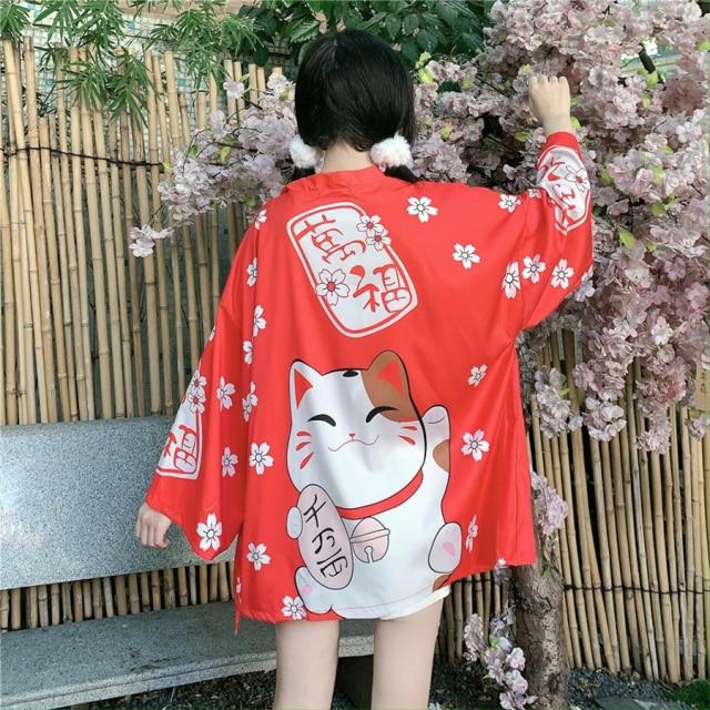 Japanese Lucky Cat Lightweight Kimono Top