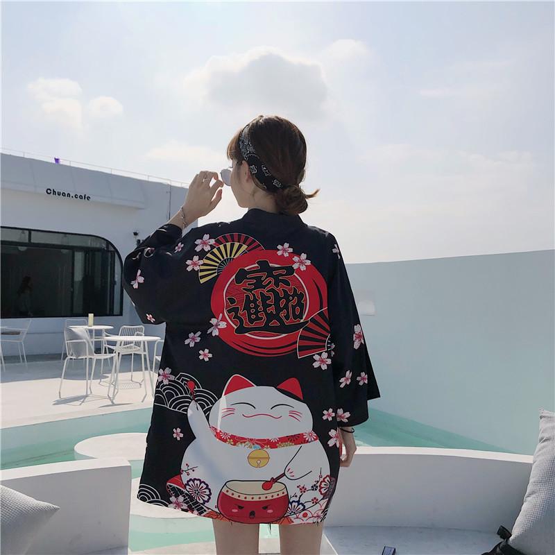 Japanese Lucky Cat Lightweight Kimono Top