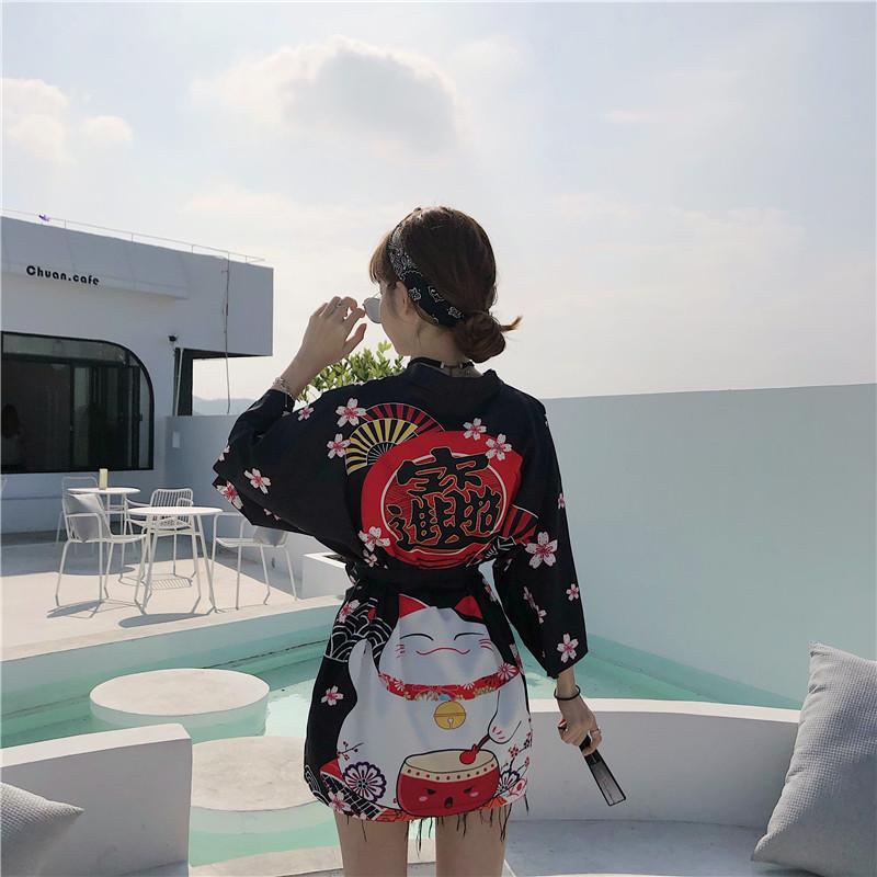 Japanese Lucky Cat Lightweight Kimono Top