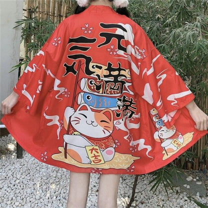 Japanese Lucky Cat Lightweight Kimono Top