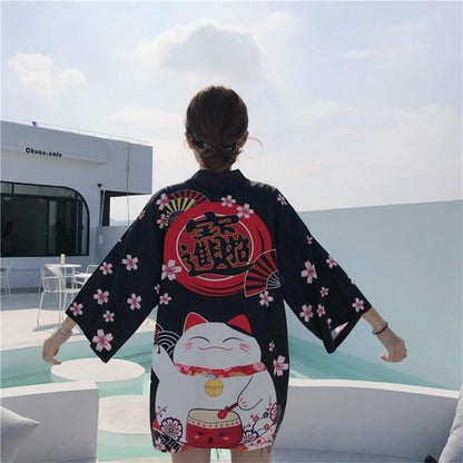 Japanese Lucky Cat Lightweight Kimono Top