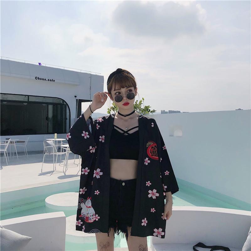 Japanese Lucky Cat Lightweight Kimono Top