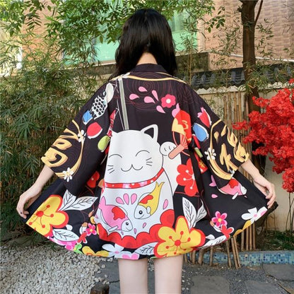 Japanese Lucky Cat Lightweight Kimono Top