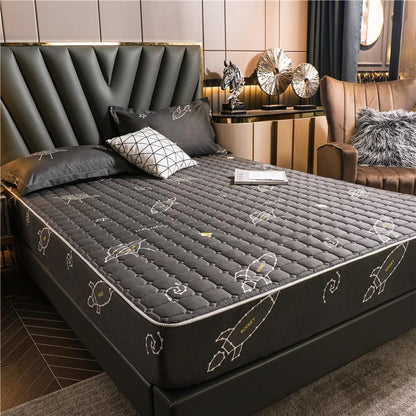 Luxury Black Space Theme Quilted Fitted Bedsheet