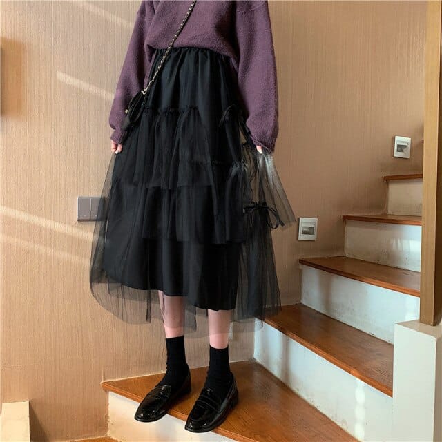 Korean Style Midi Mesh Skirt