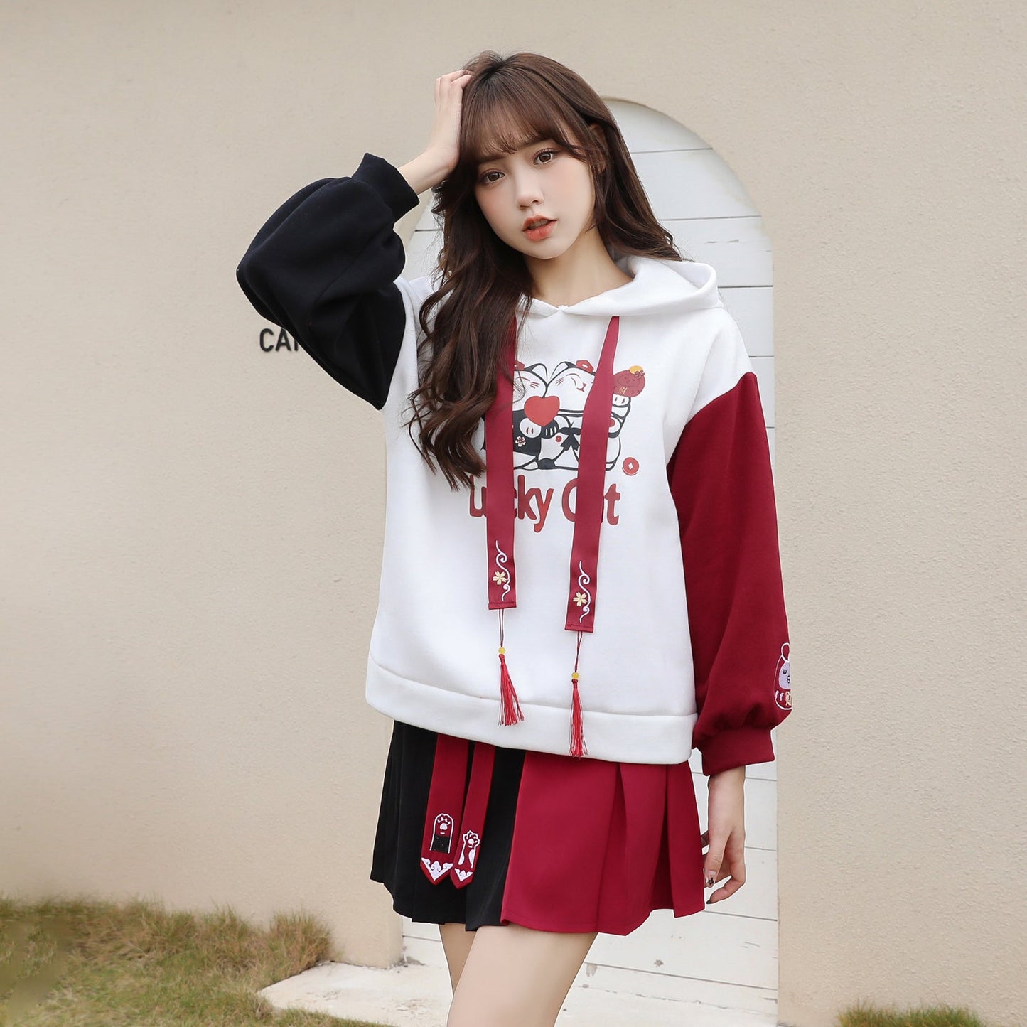 Cartoon Lucky Cat Letter Print Tassel Clolorblock Hoodie Cat Paws Skirt