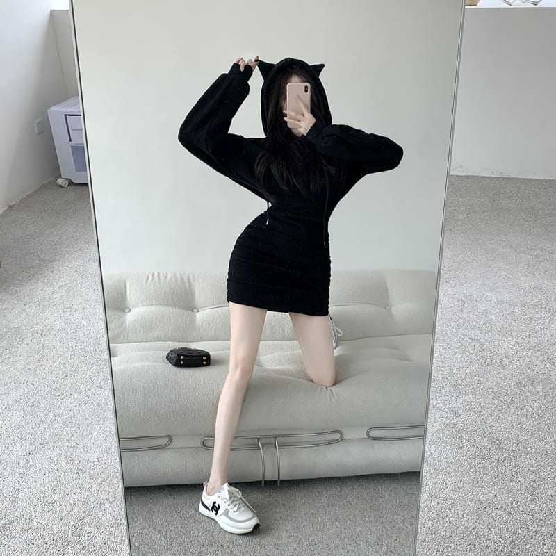 Cute Kitty Cat Ears Drawstring Sweatshirt Hooded Dress