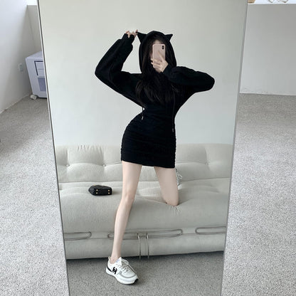 Cute Kitty Cat Ears Drawstring Sweatshirt Hooded Dress