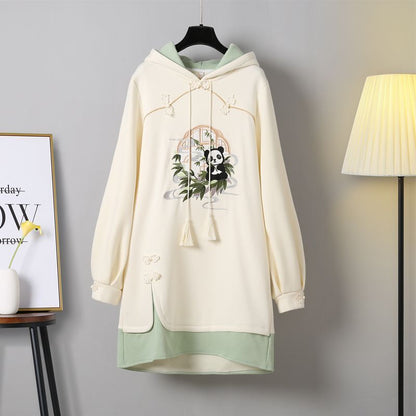 Vintage Panda Nature Embroidery Hoodie Sweatshirt Dress