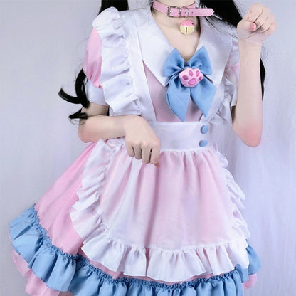 Kawaii Charm: Lolita Paw Bow Maid Dress in Pink and Blue"