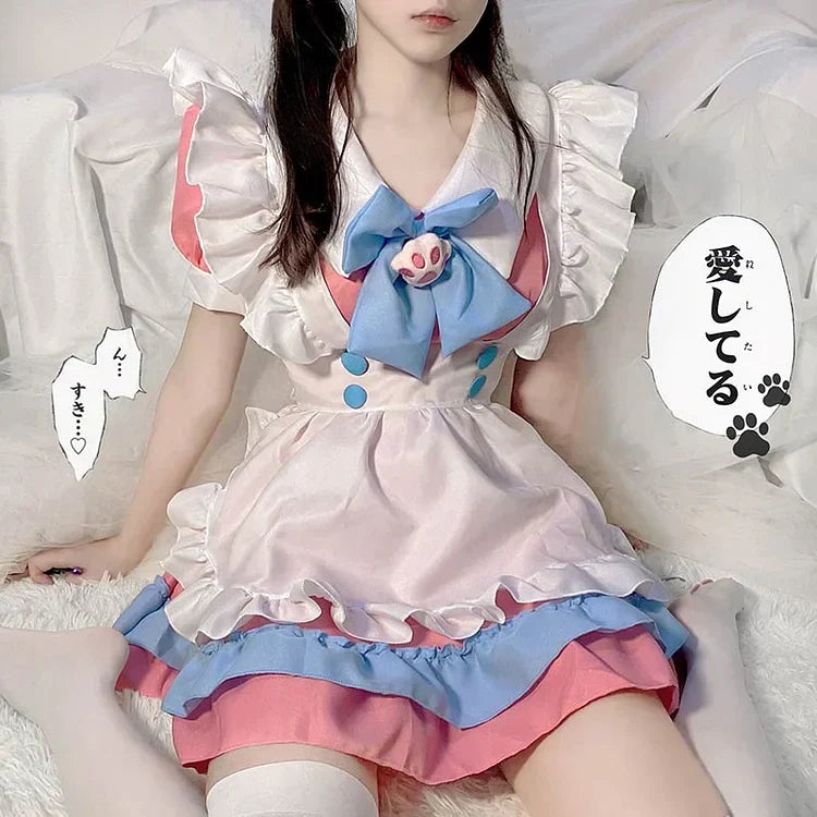 Kawaii Charm: Lolita Paw Bow Maid Dress in Pink and Blue"