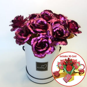 12 Galaxy Roses in a Round Suede Box with a 3D Pop Up Gift Card