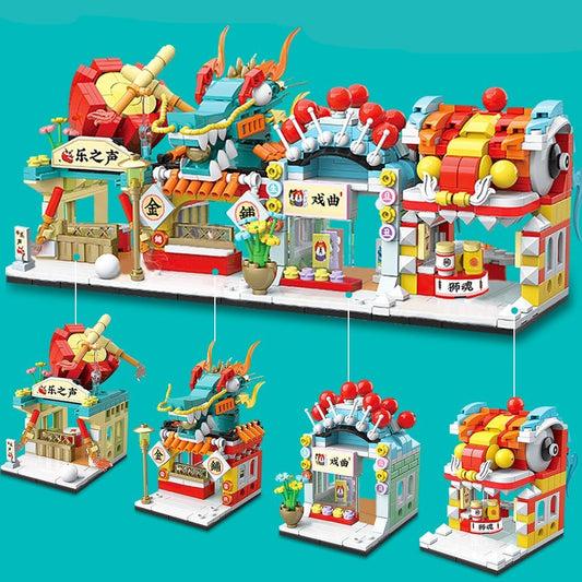 Chinese Lion Dragon Stores Micro Building Sets