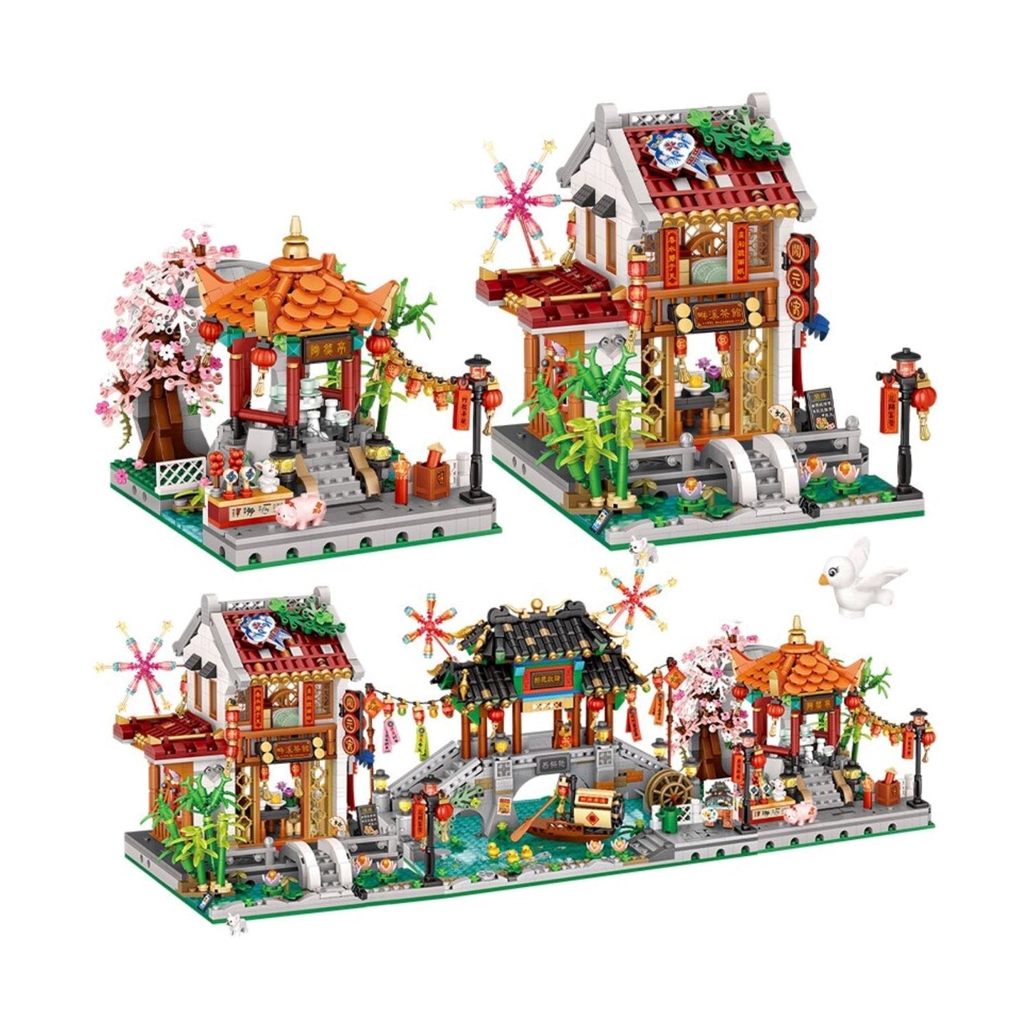 Chinese Street Bridge Pavilion Teahouse Micro Building Set Collection