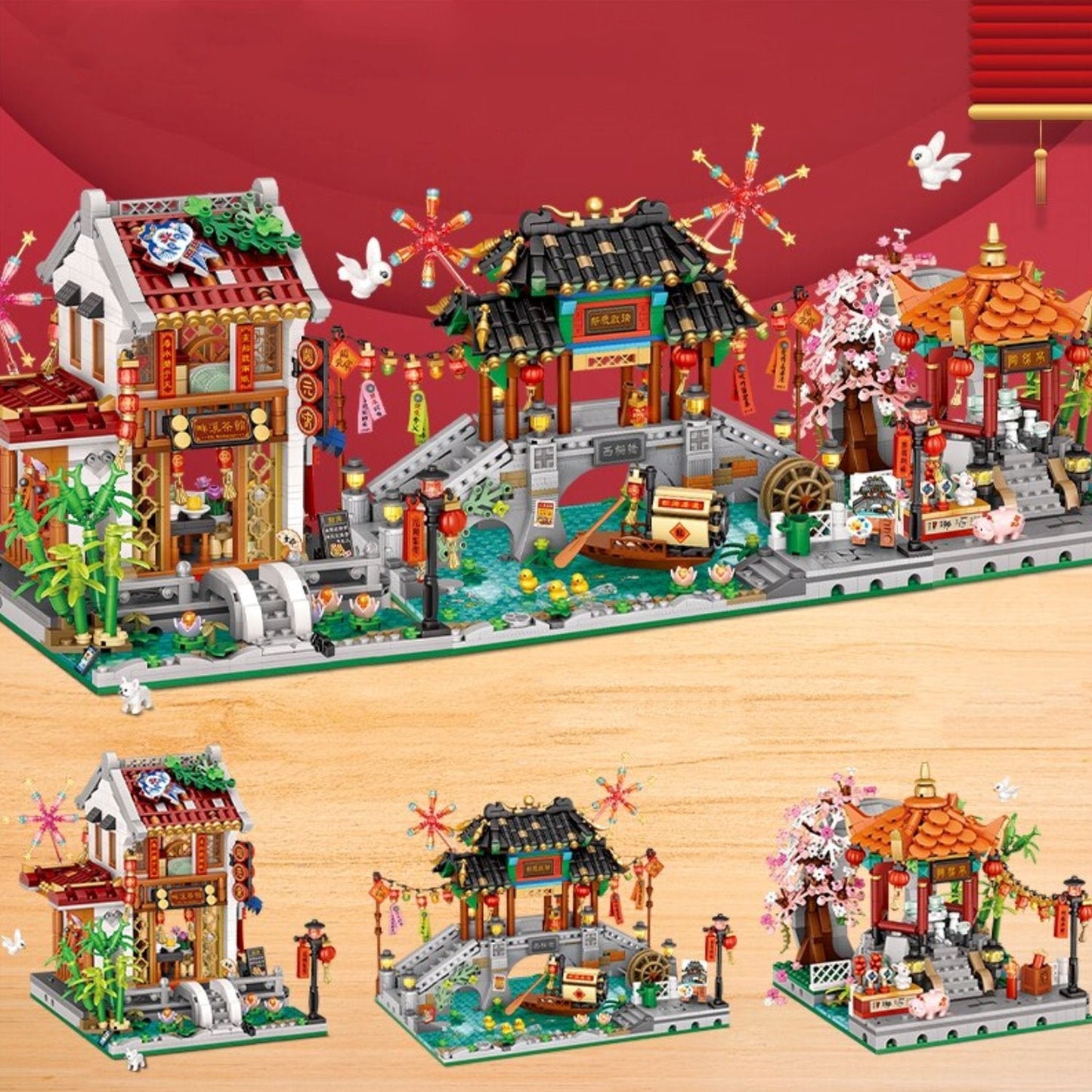 Chinese Street Bridge Pavilion Teahouse Micro Building Set Collection