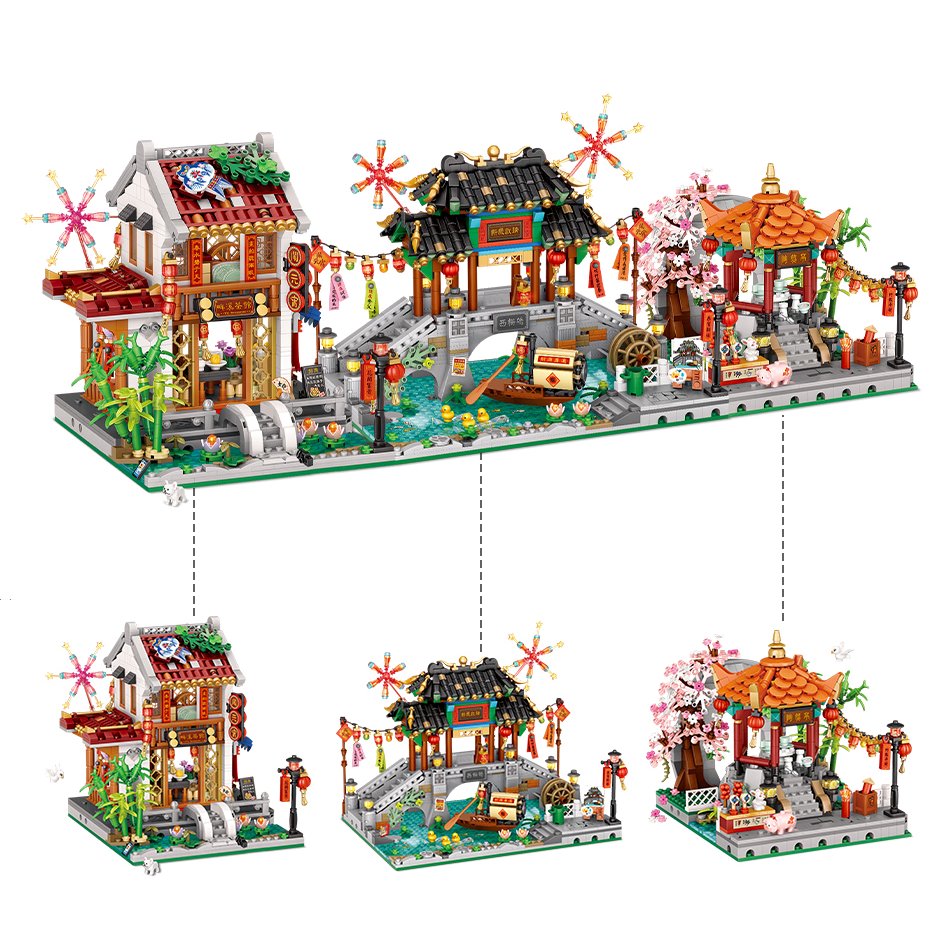 Chinese Street Bridge Pavilion Teahouse Micro Building Set Collection