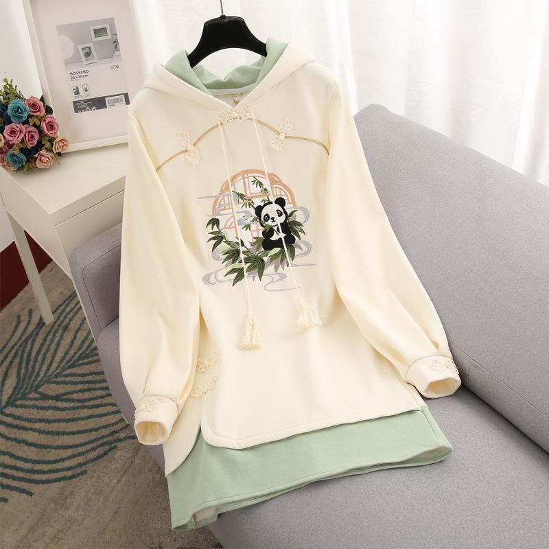 Vintage Panda Nature Embroidery Hoodie Sweatshirt Dress